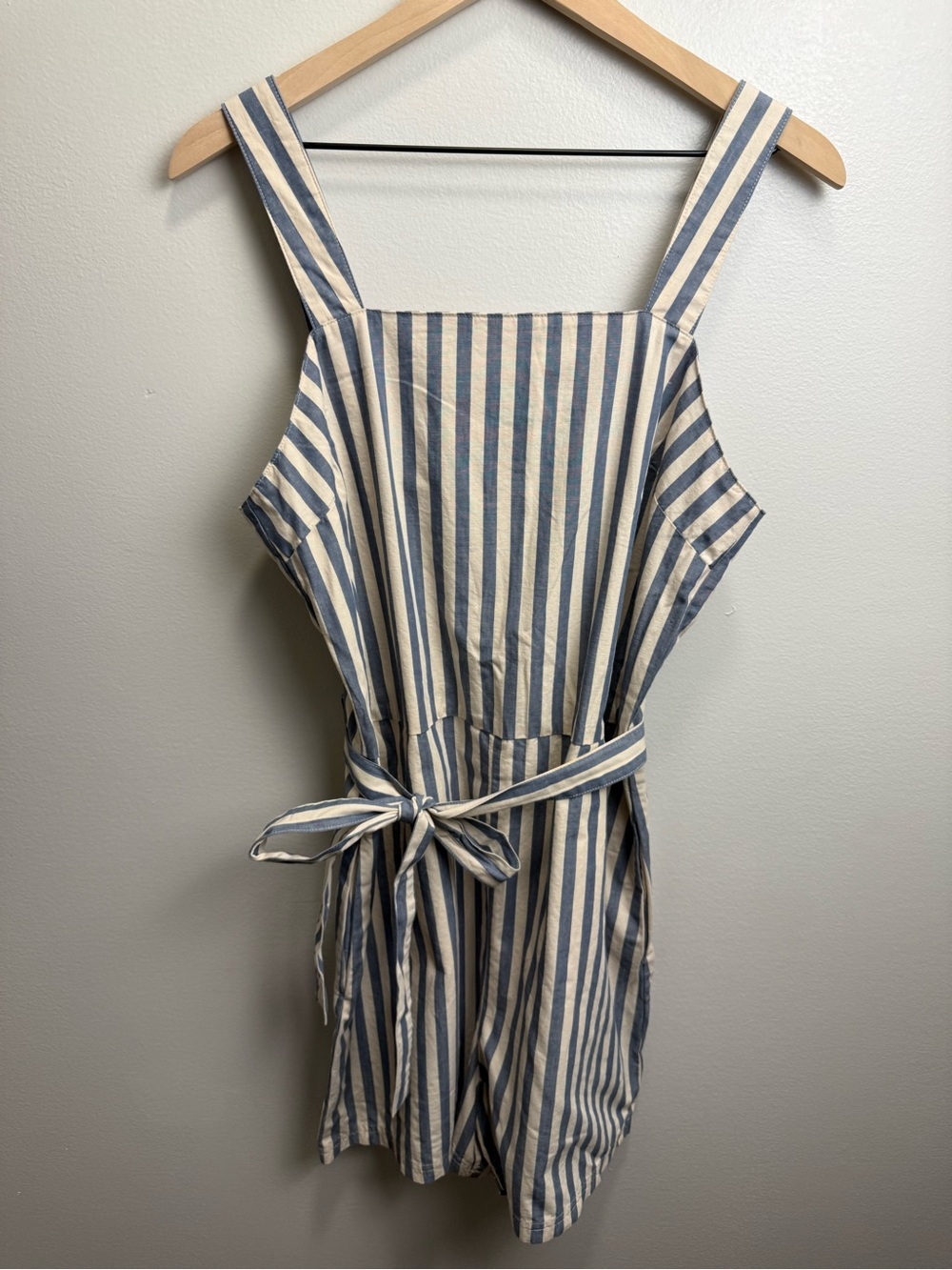 United By Blue Blue and White Striped Retro Romper with Tie Waist 100% Cotton M
